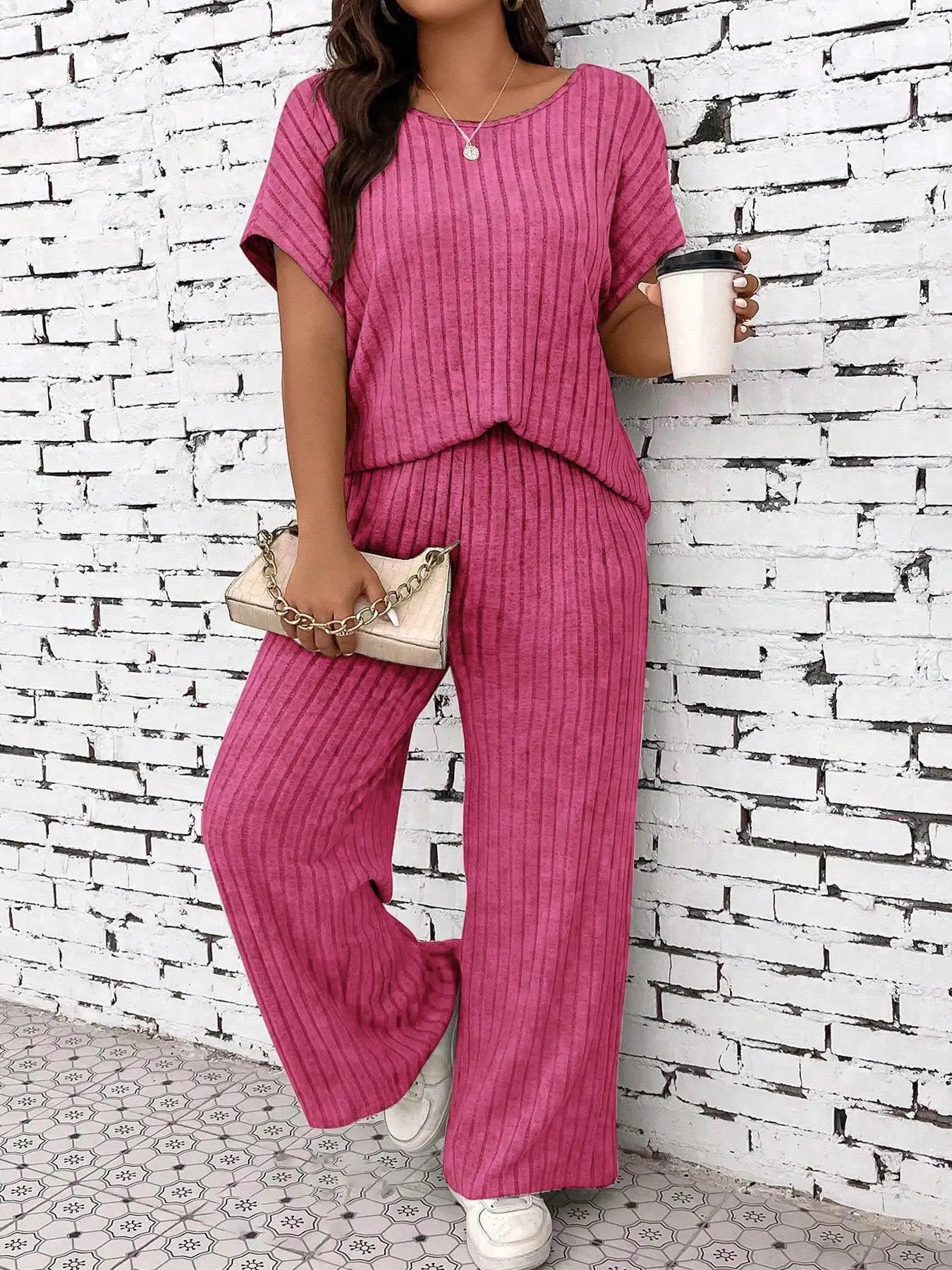 Batwing Sleeve Top & Straight-Leg Pants Set