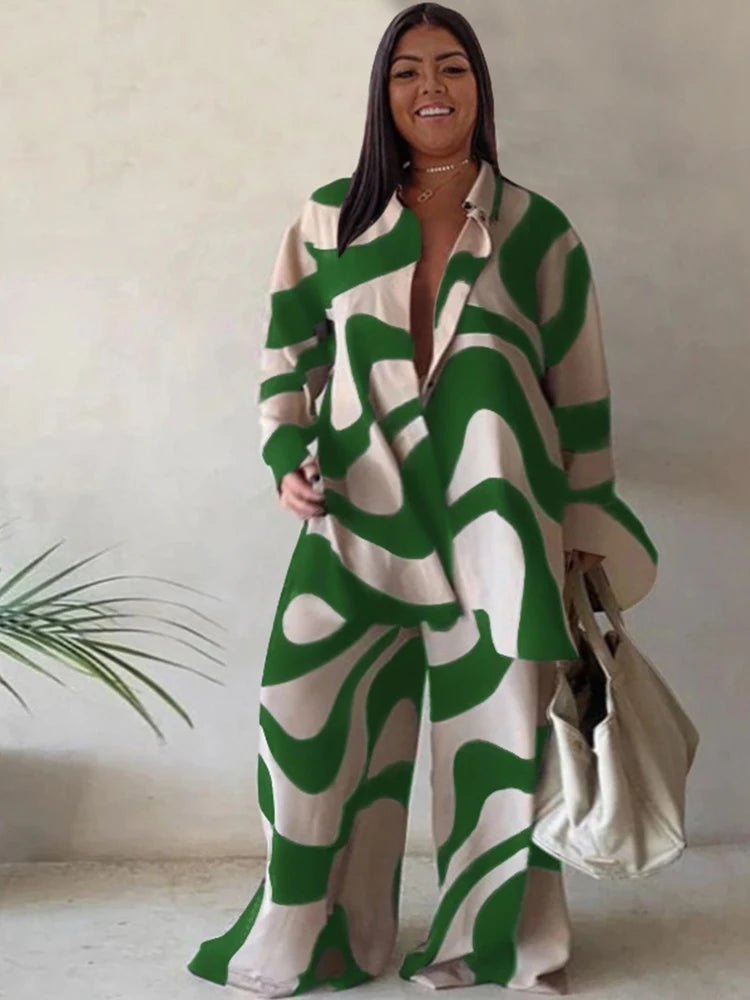 Abstract Swirl V-Neck Two-Piece Pants Set