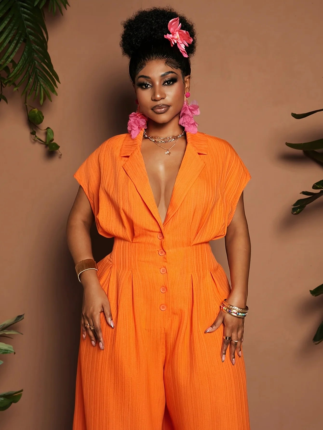 Orange Lapel Wide-Leg Jumpsuit