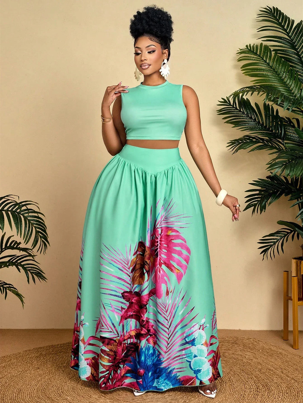 Tropical Print Crop Top & Maxi Skirt Set