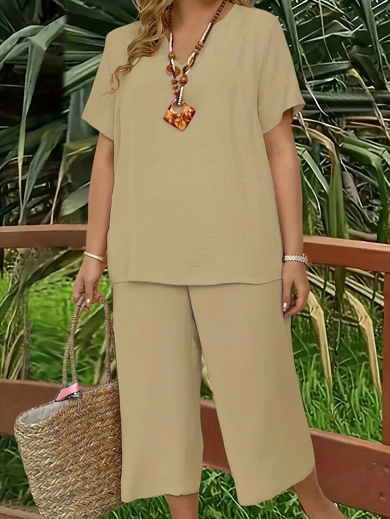 Plus Size V-Neck Top & Wide Leg Pants Set