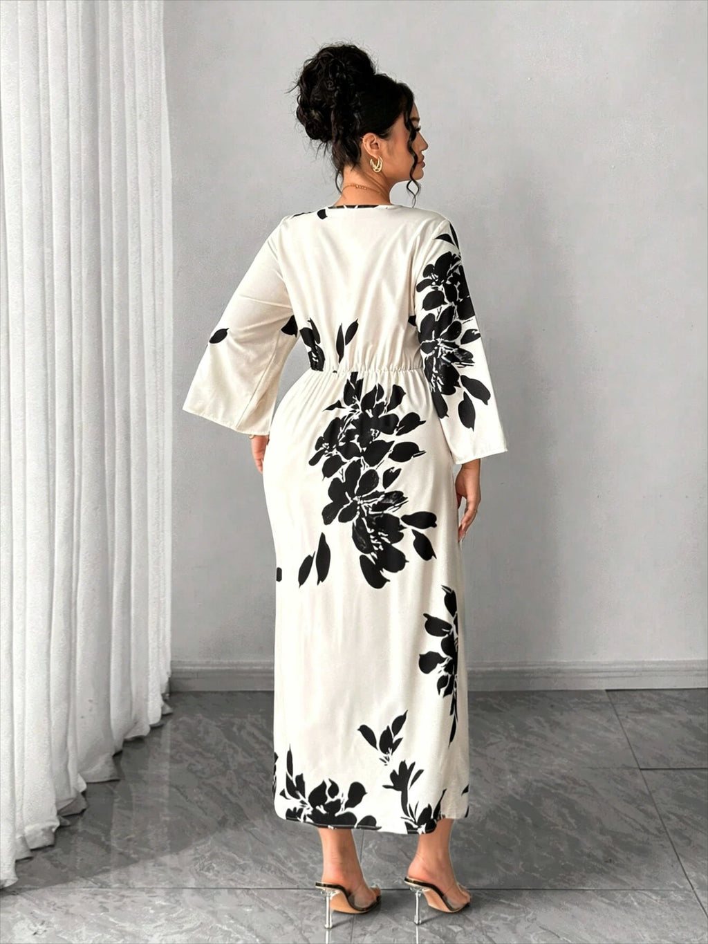 Apricot & Black Printed Lace Appliqué Midi Dress