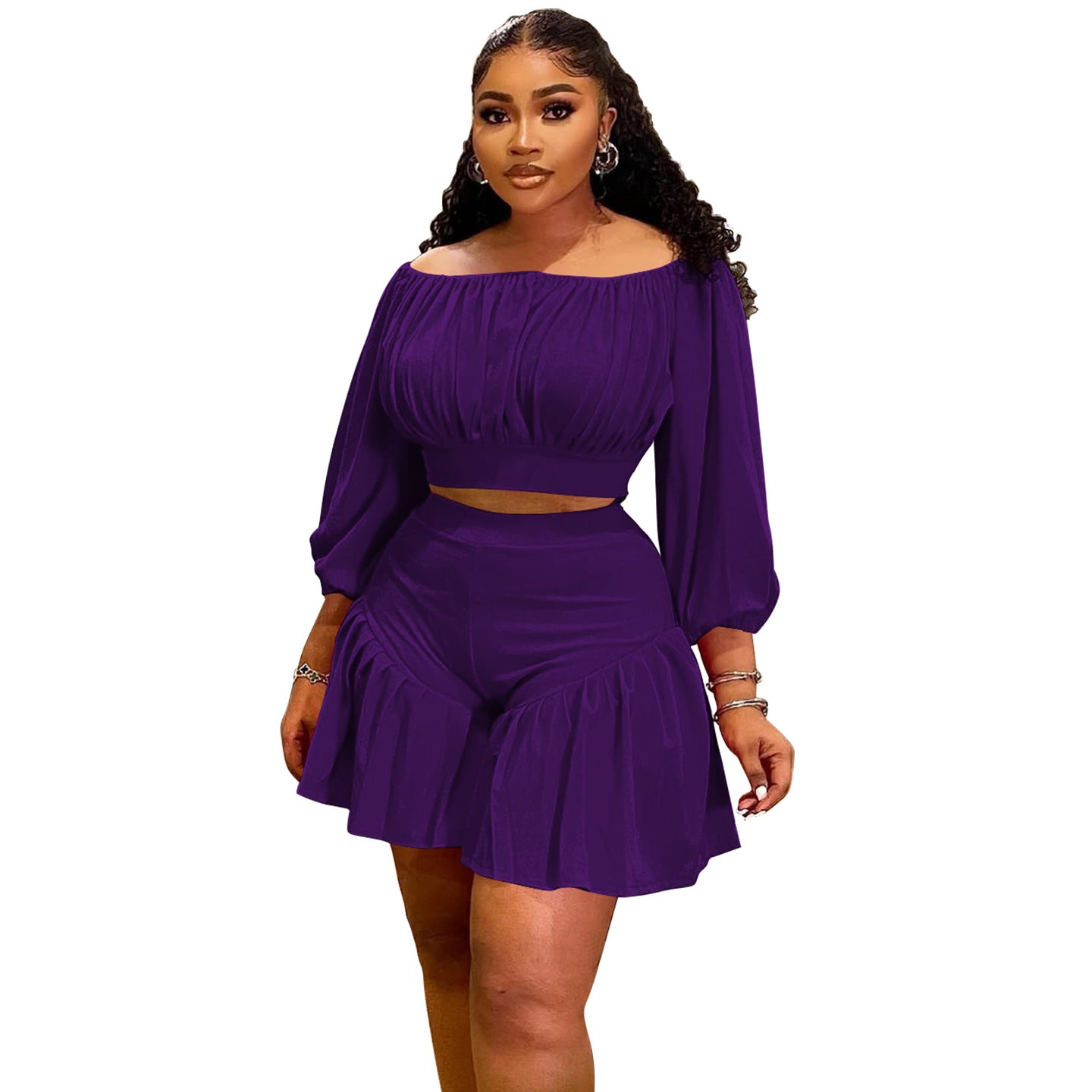 Plus Size Pleated Off-Shoulder Co-ord Set