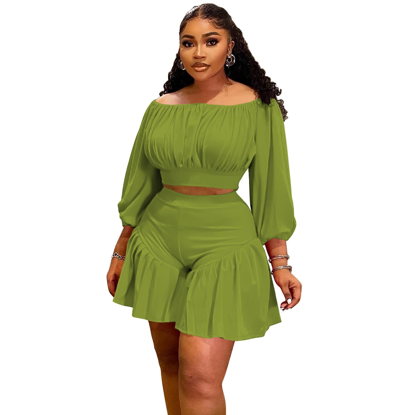 Plus Size Pleated Off-Shoulder Co-ord Set