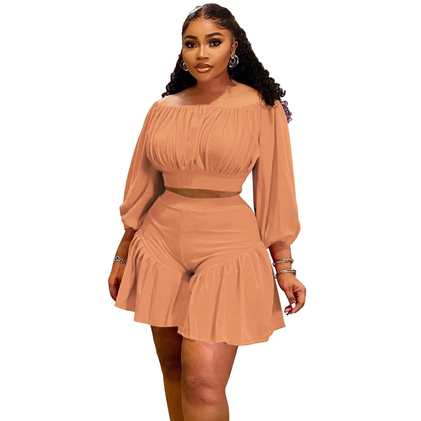 Plus Size Pleated Off-Shoulder Co-ord Set