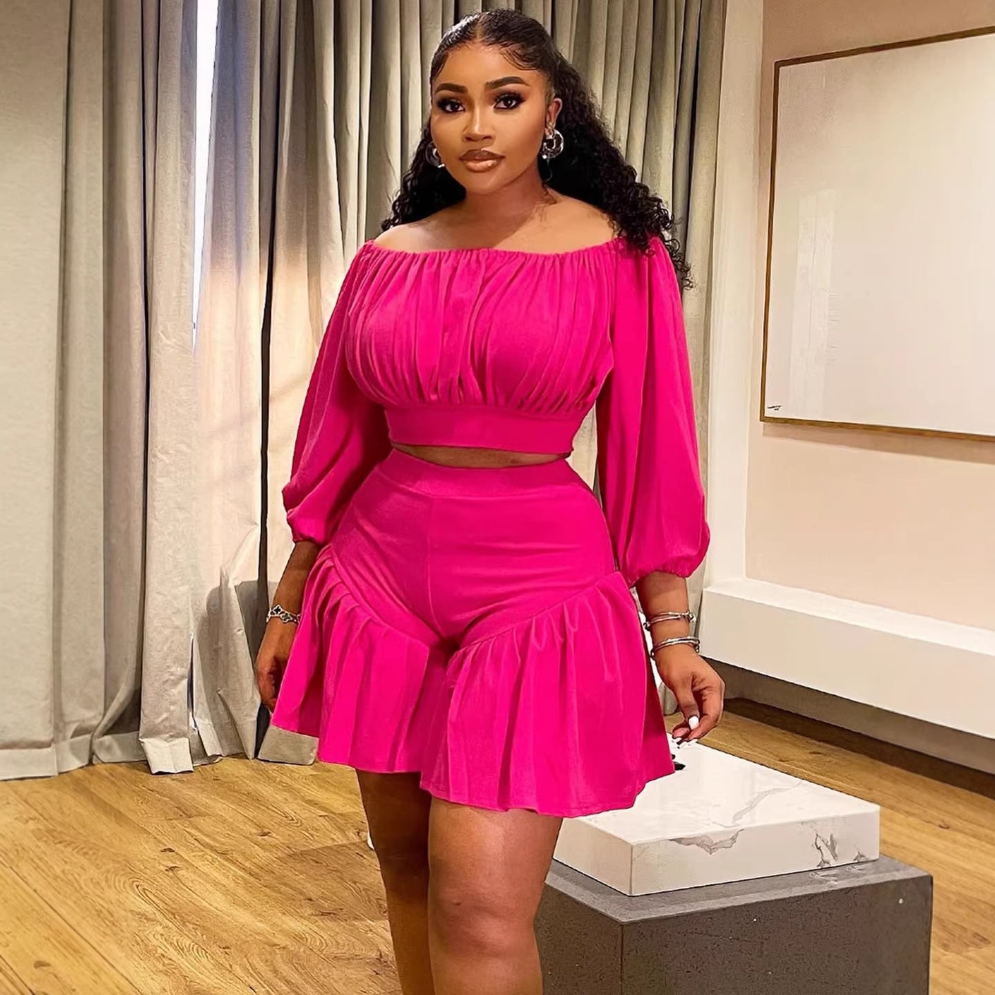 Plus Size Pleated Off-Shoulder Co-ord Set